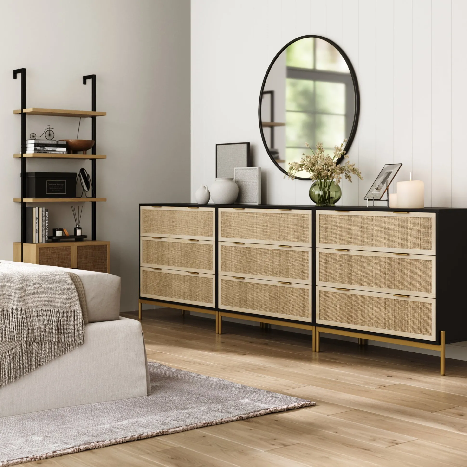 Rattan & Wood 3-Drawer Dressers Black (Set of 3)
