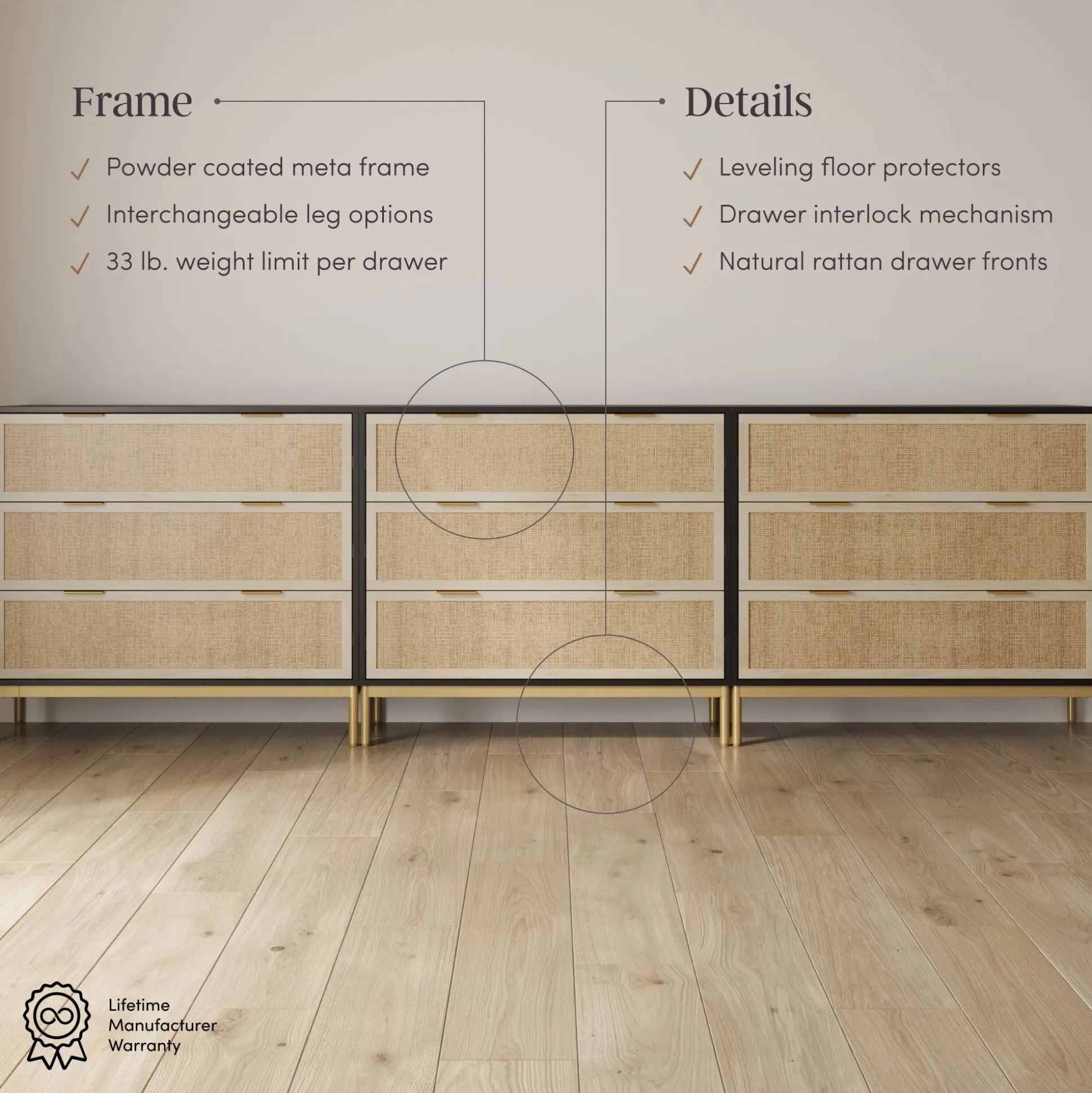 Rattan & Wood 3-Drawer Dressers Black (Set of 3)