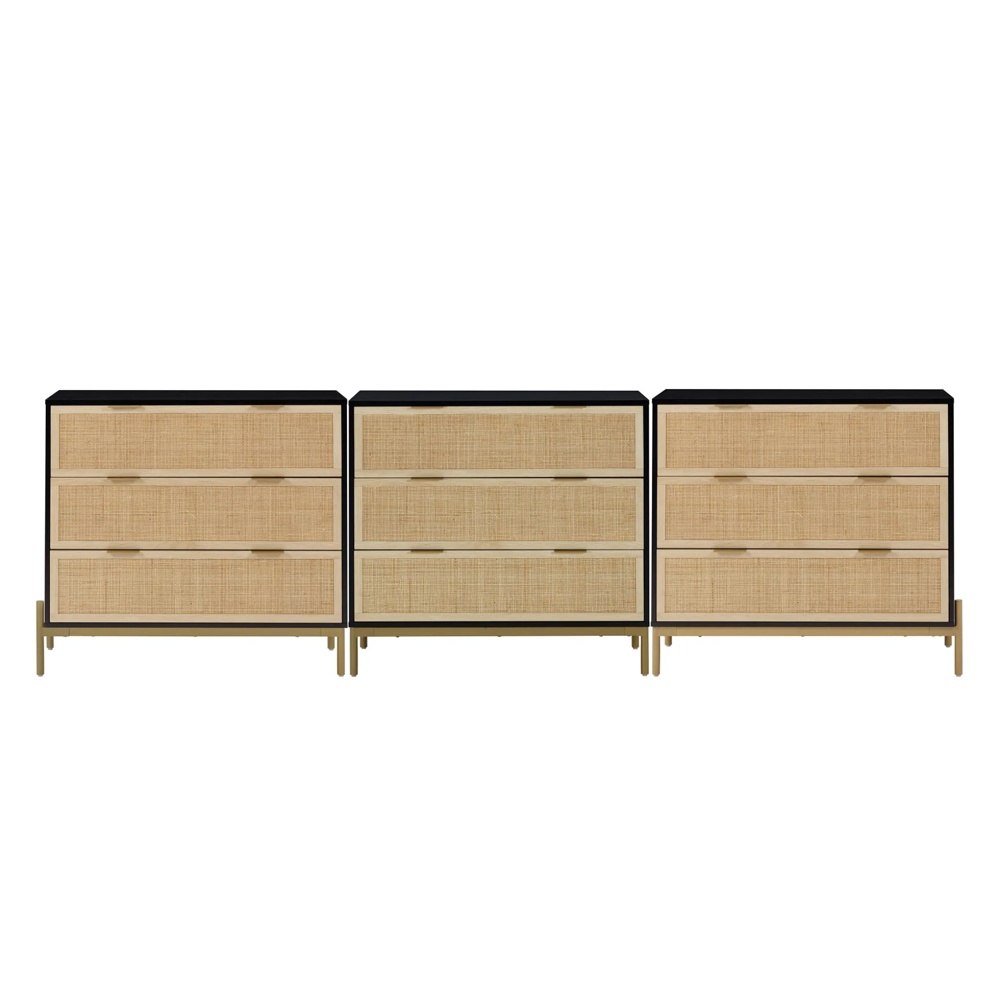 Rattan & Wood 3-Drawer Dressers Black (Set of 3)