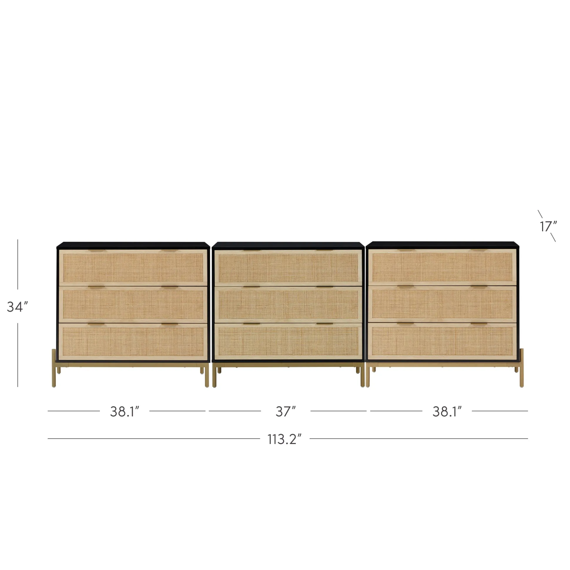 Rattan & Wood 3-Drawer Dressers Black (Set of 3)
