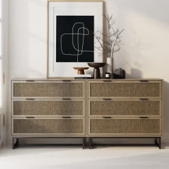 Rattan & Wood 3-Drawer Dressers Light Oak (Set of 2)