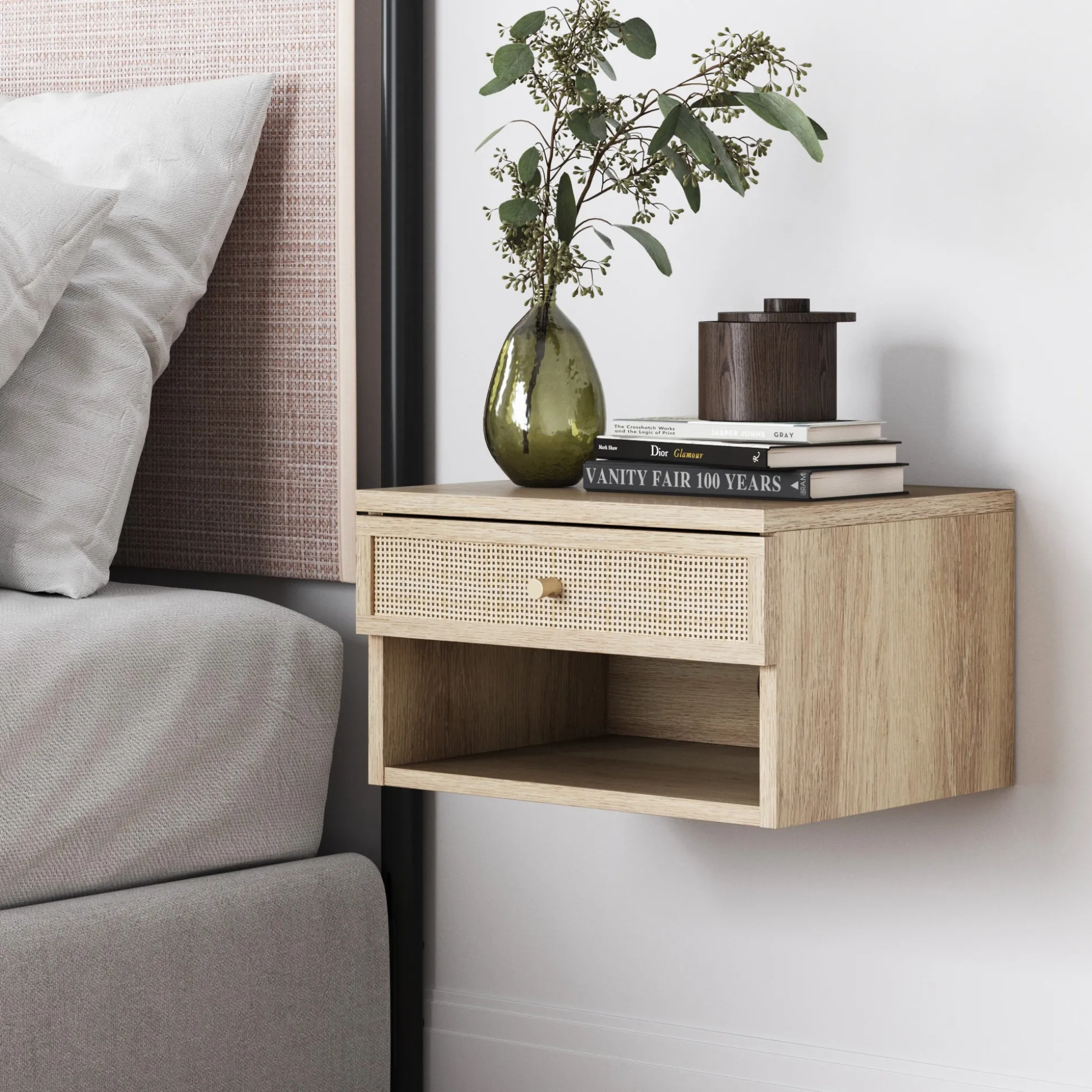 Rattan & Wood Floating Nightstand Light Oak