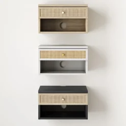Rattan & Wood Floating Nightstand Light Oak
