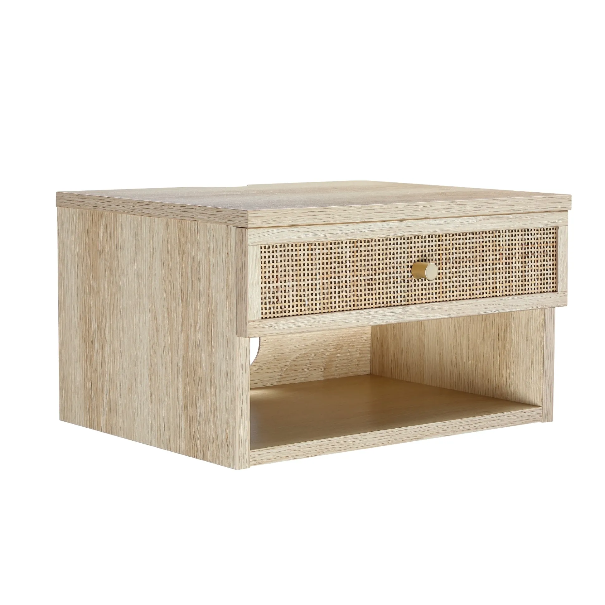 Rattan & Wood Floating Nightstand Light Oak