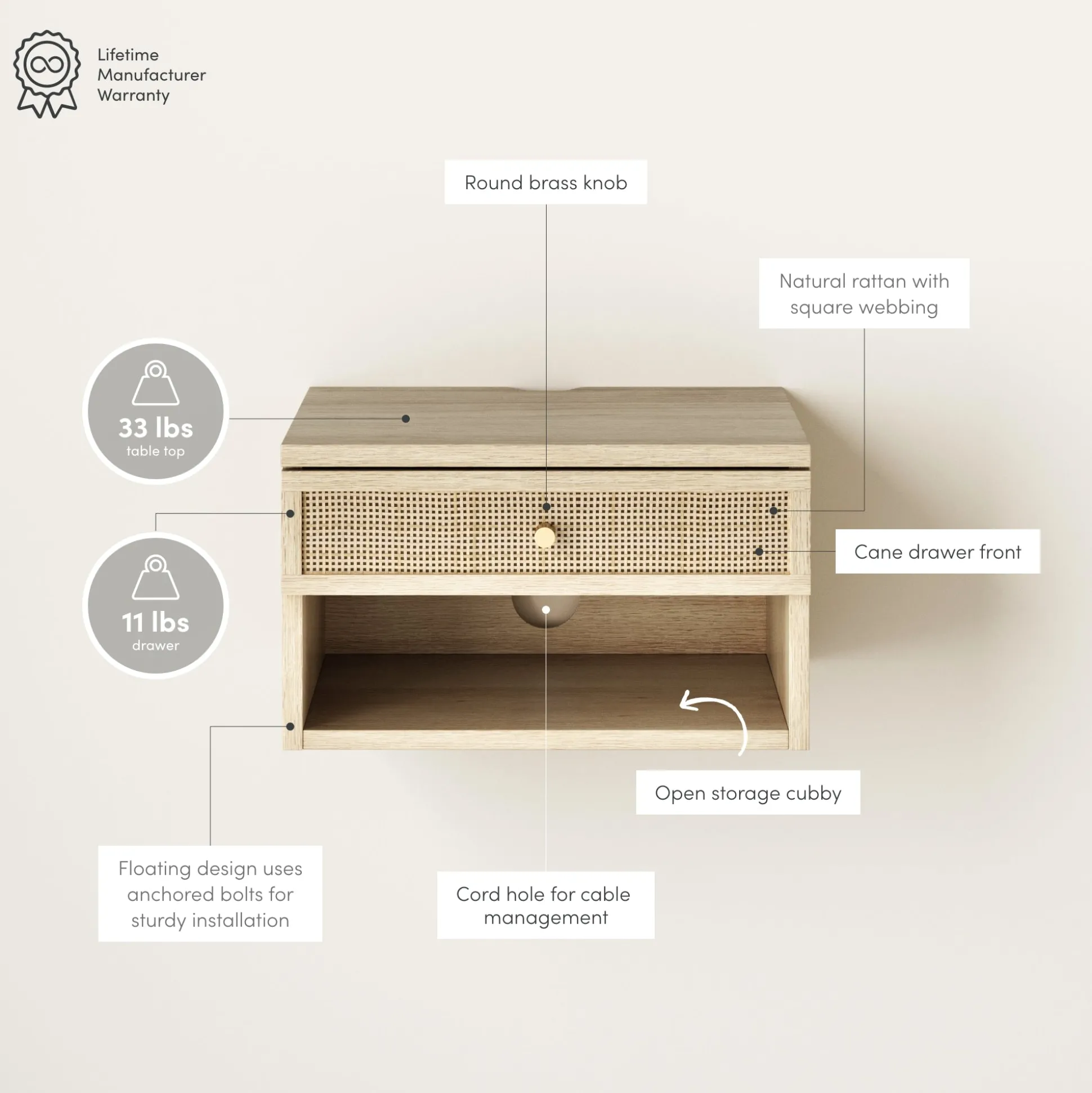 Rattan & Wood Floating Nightstand Light Oak