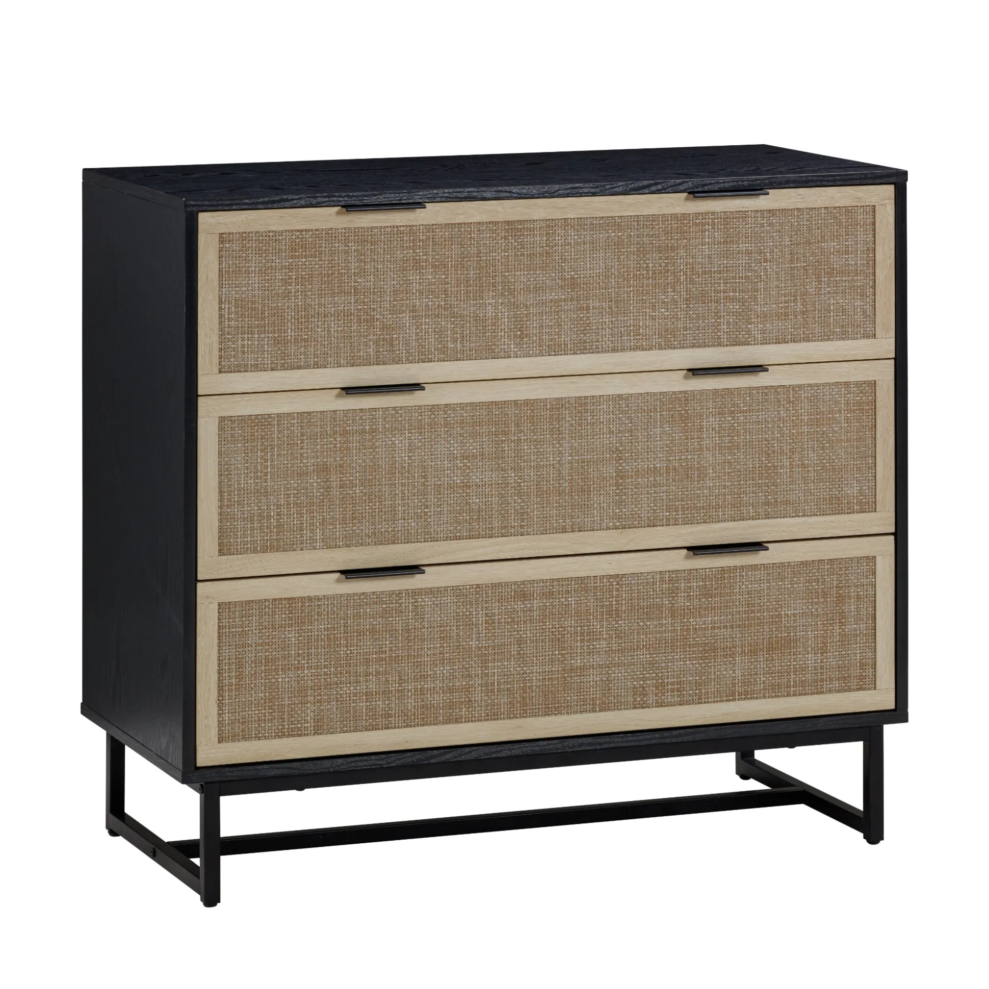 Rattan, Wood & Metal 3-Drawer Dressers Black (Set of 2)
