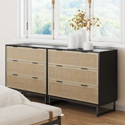 Rattan, Wood & Metal 3-Drawer Dressers Black (Set of 2)
