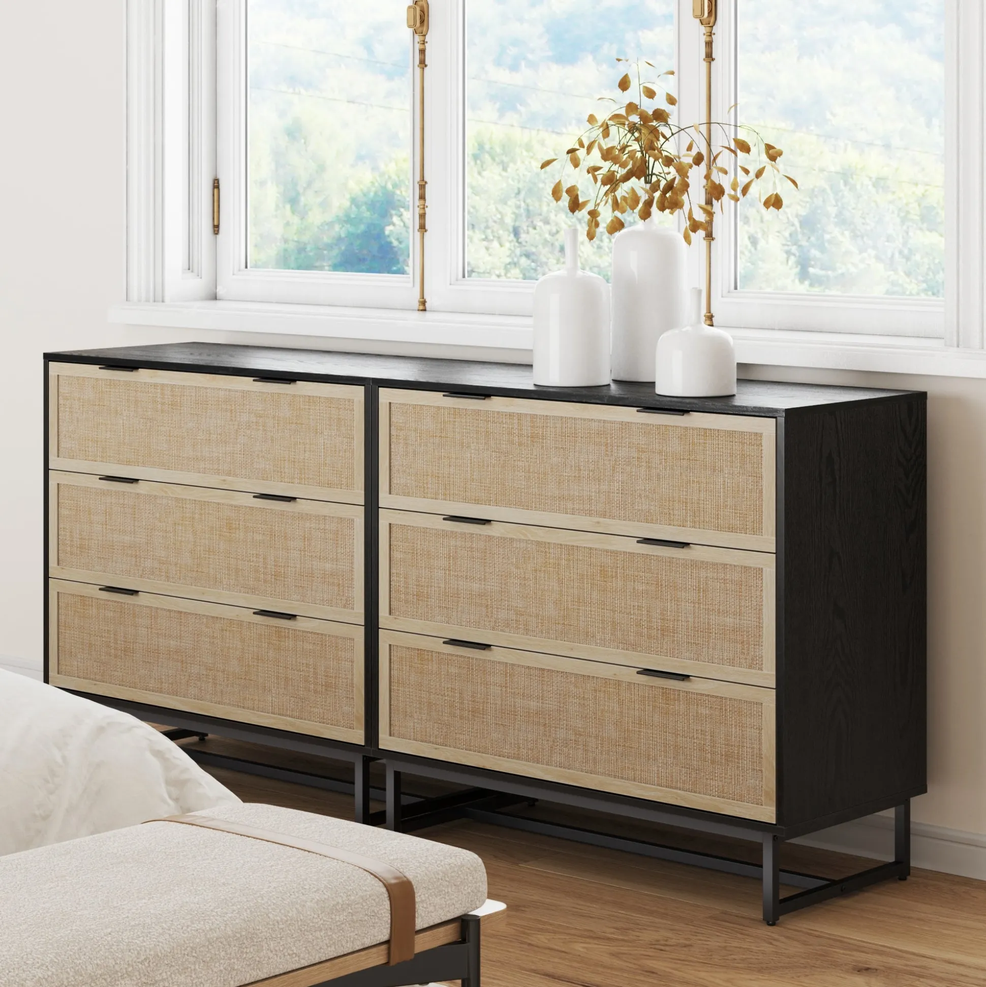 Rattan, Wood & Metal 3-Drawer Dressers Black (Set of 2)