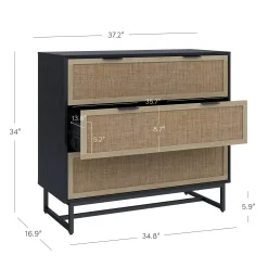 Rattan, Wood & Metal 3-Drawer Dressers Black (Set of 2)
