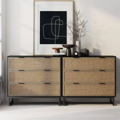 Rattan, Wood & Metal 3-Drawer Dressers Black (Set of 2)