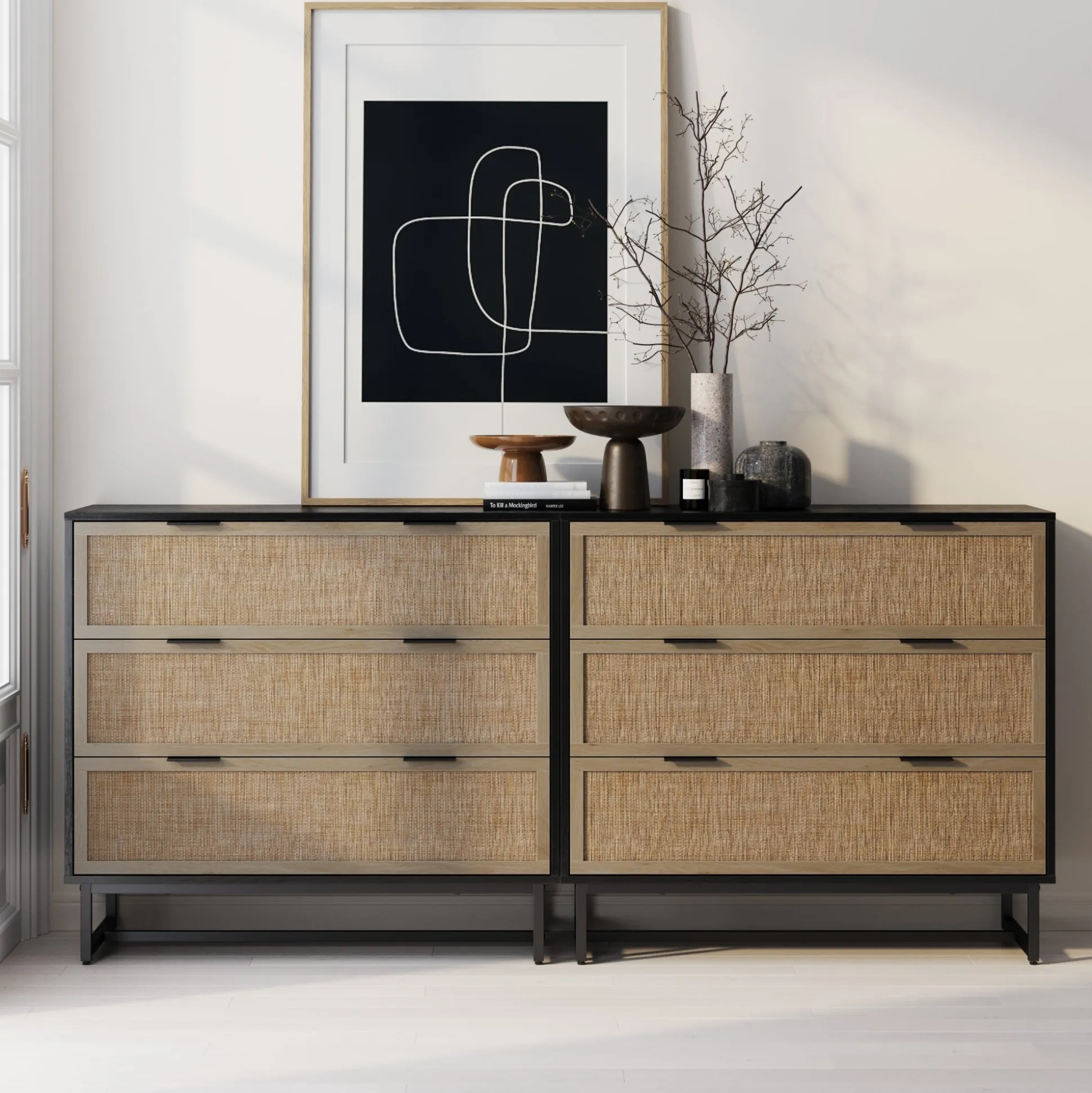 Rattan, Wood & Metal 3-Drawer Dressers Black (Set of 2)