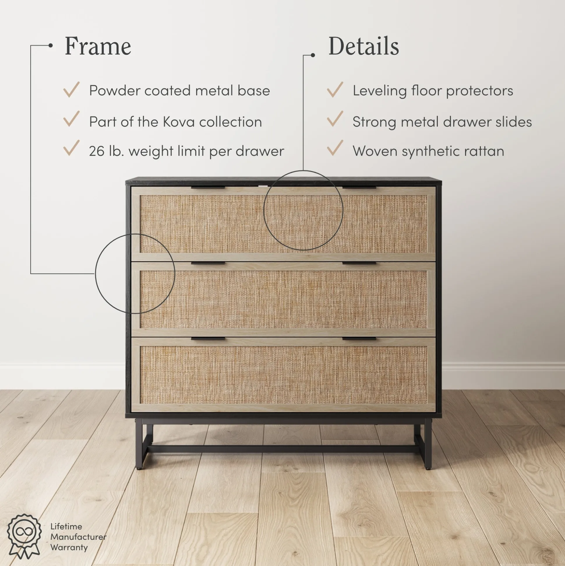 Rattan, Wood & Metal 3-Drawer Dressers Black (Set of 2)