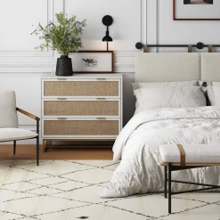 Rattan, Wood & Metal 3-Drawer Dresser White