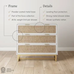 Rattan, Wood & Metal 3-Drawer Dresser White