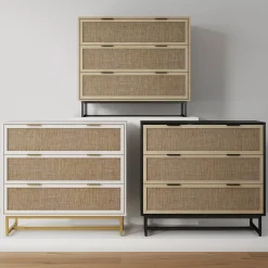 Rattan, Wood & Metal 3-Drawer Dresser White