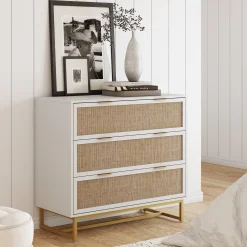 Rattan, Wood & Metal 3-Drawer Dresser White