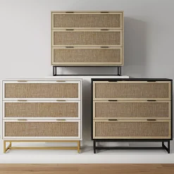 Rattan, Wood & Metal 3-Drawer Dressers White (Set of 2)