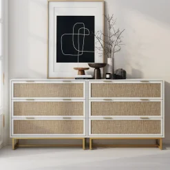 Rattan, Wood & Metal 3-Drawer Dressers White (Set of 2)