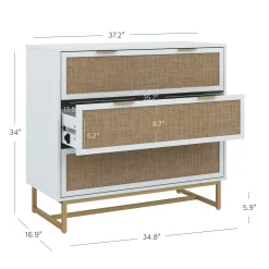 Rattan, Wood & Metal 3-Drawer Dressers White (Set of 2)