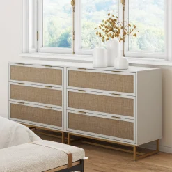 Rattan, Wood & Metal 3-Drawer Dressers White (Set of 2)