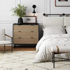 Rattan, Wood & Metal 3-Drawer Dresser Black