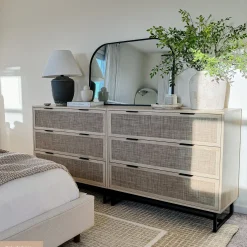 Rattan, Wood & Metal 3-Drawer Dresser Light Oak