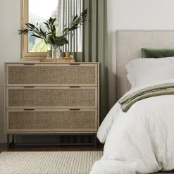 Rattan, Wood & Metal 3-Drawer Dresser Light Oak