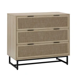 Rattan, Wood & Metal 3-Drawer Dresser Light Oak