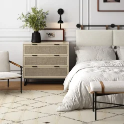 Rattan, Wood & Metal 3-Drawer Dresser Light Oak