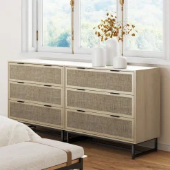 Rattan, Wood & Metal 3-Drawer Dresser Light Oak