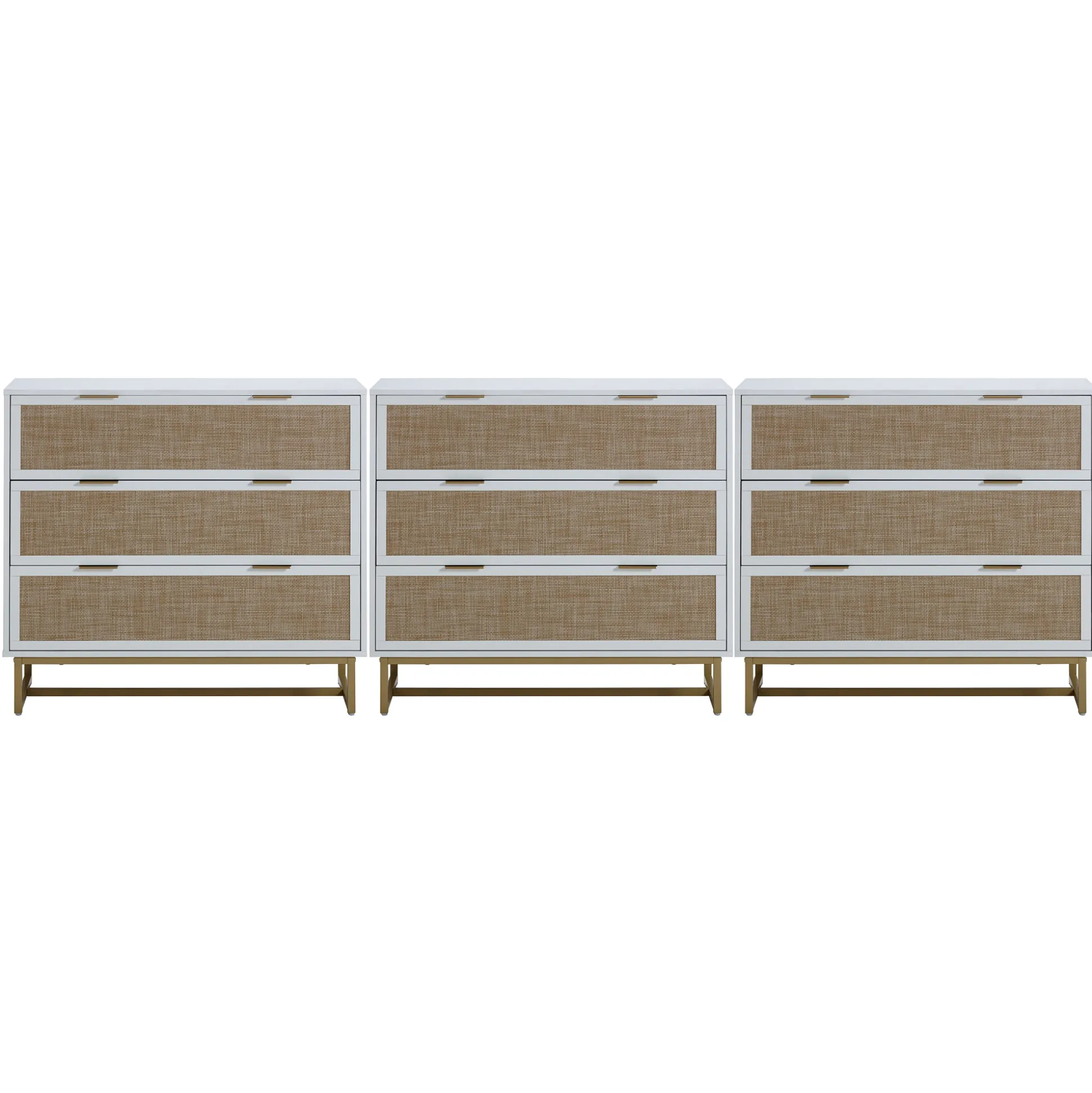 Rattan, Wood & Metal 3-Drawer Dressers White (Set of 3)