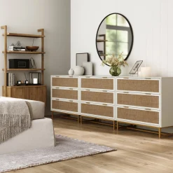 Rattan, Wood & Metal 3-Drawer Dressers White (Set of 3)