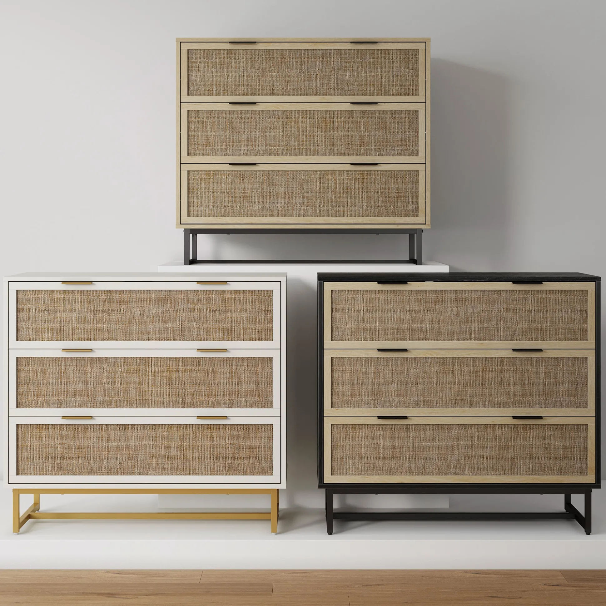 Rattan, Wood & Metal 3-Drawer Dressers White (Set of 3)