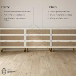 Rattan, Wood & Metal 3-Drawer Dressers White (Set of 3)