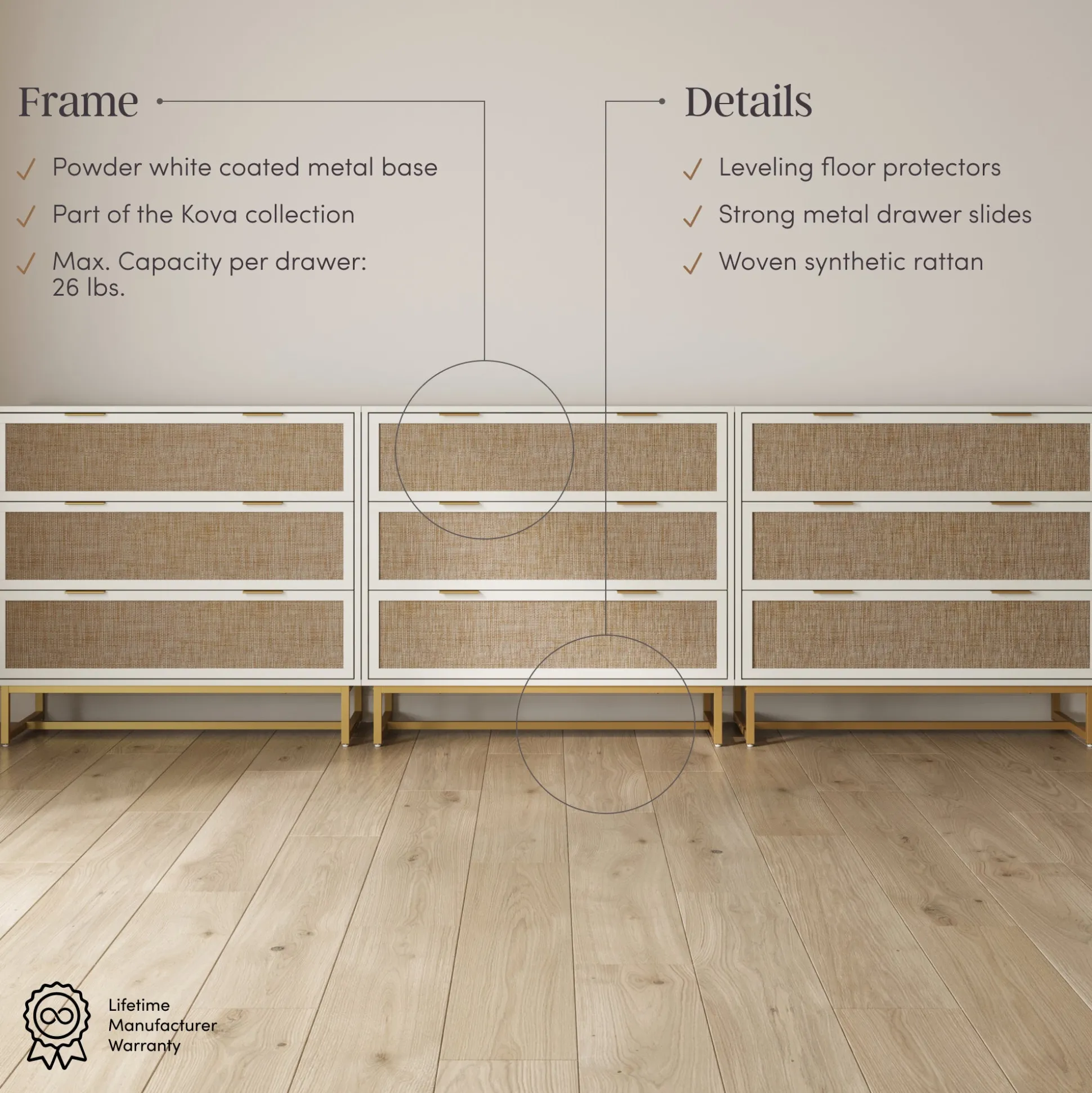Rattan, Wood & Metal 3-Drawer Dressers White (Set of 3)