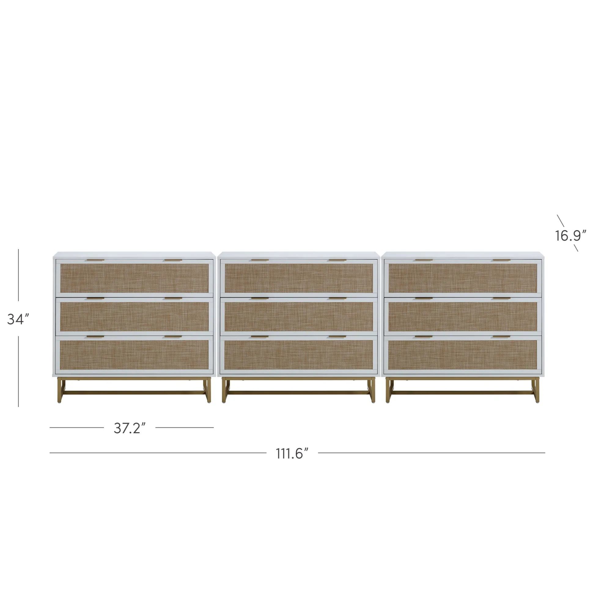 Rattan, Wood & Metal 3-Drawer Dressers White (Set of 3)