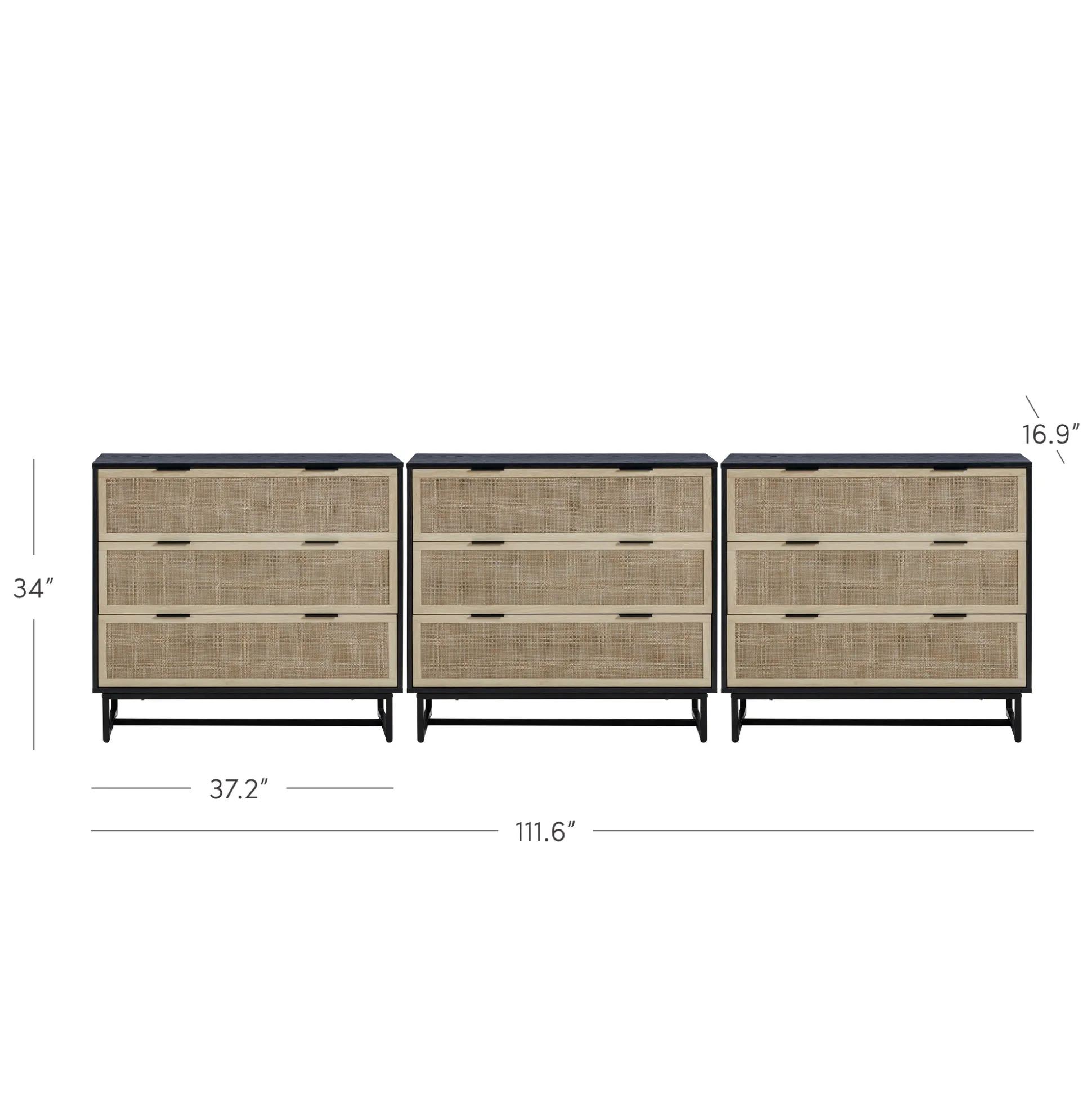 Rattan, Wood & Metal 3-Drawer Dressers Black (Set of 3)
