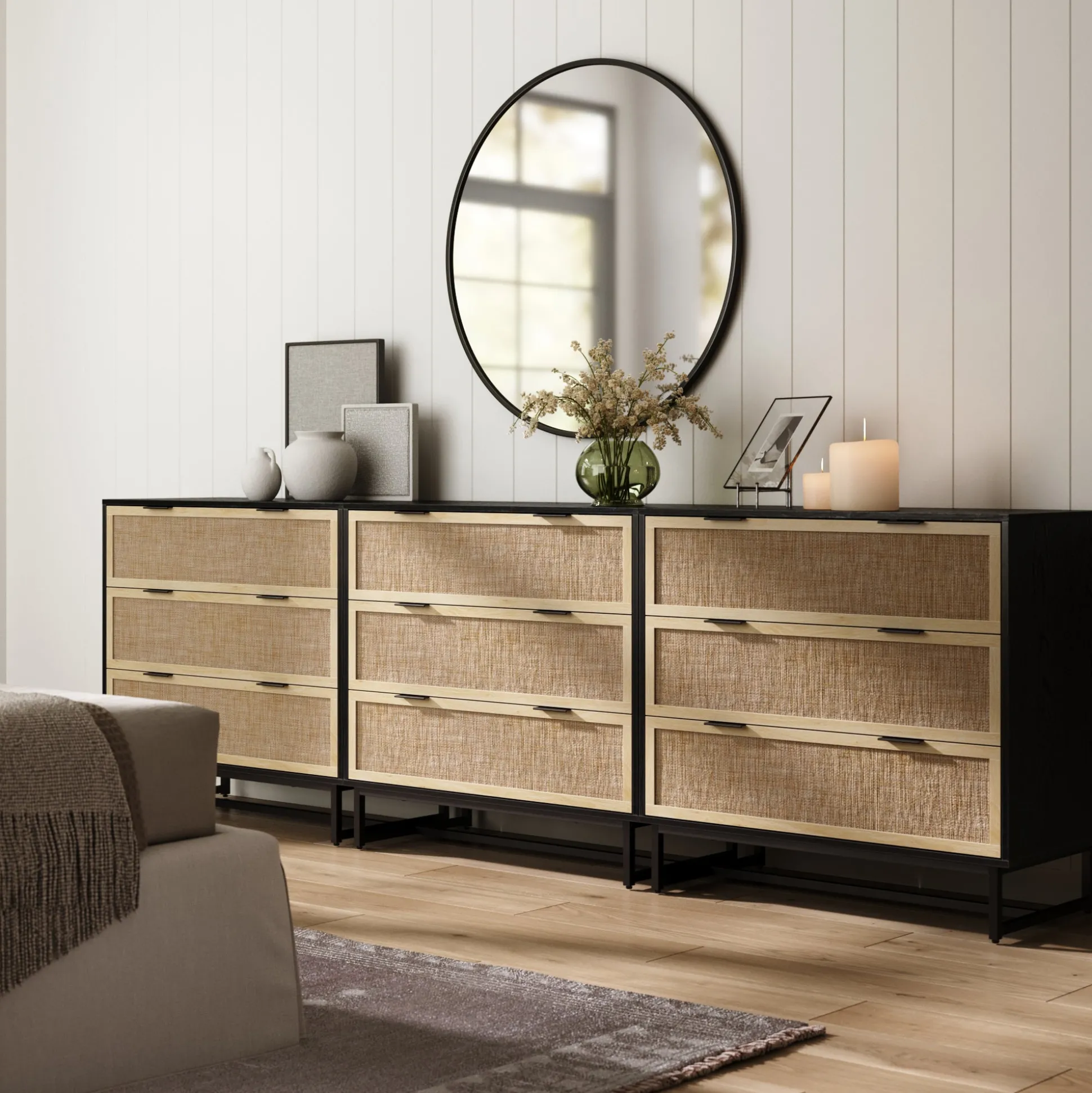 Rattan, Wood & Metal 3-Drawer Dressers Black (Set of 3)