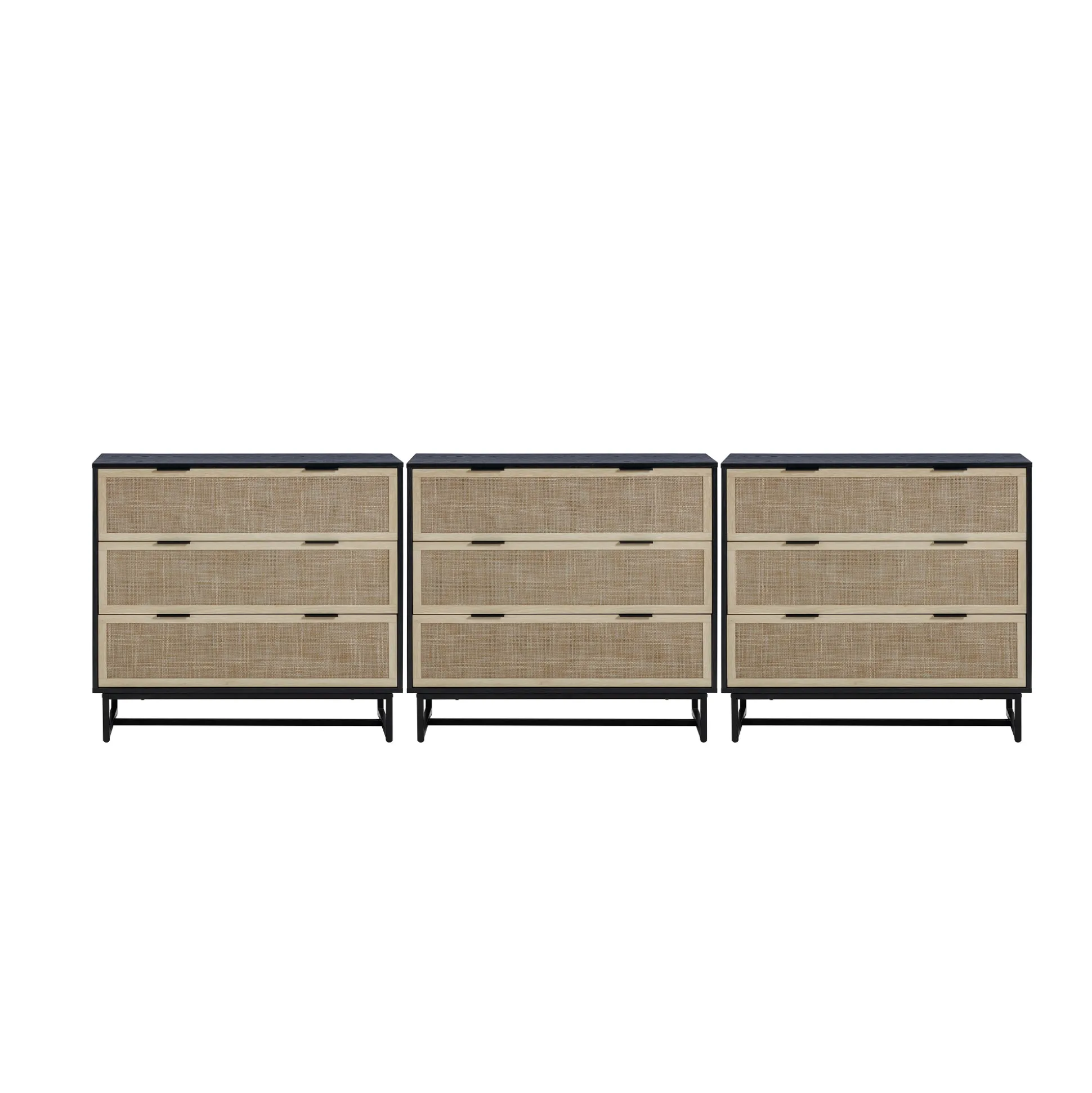 Rattan, Wood & Metal 3-Drawer Dressers Black (Set of 3)