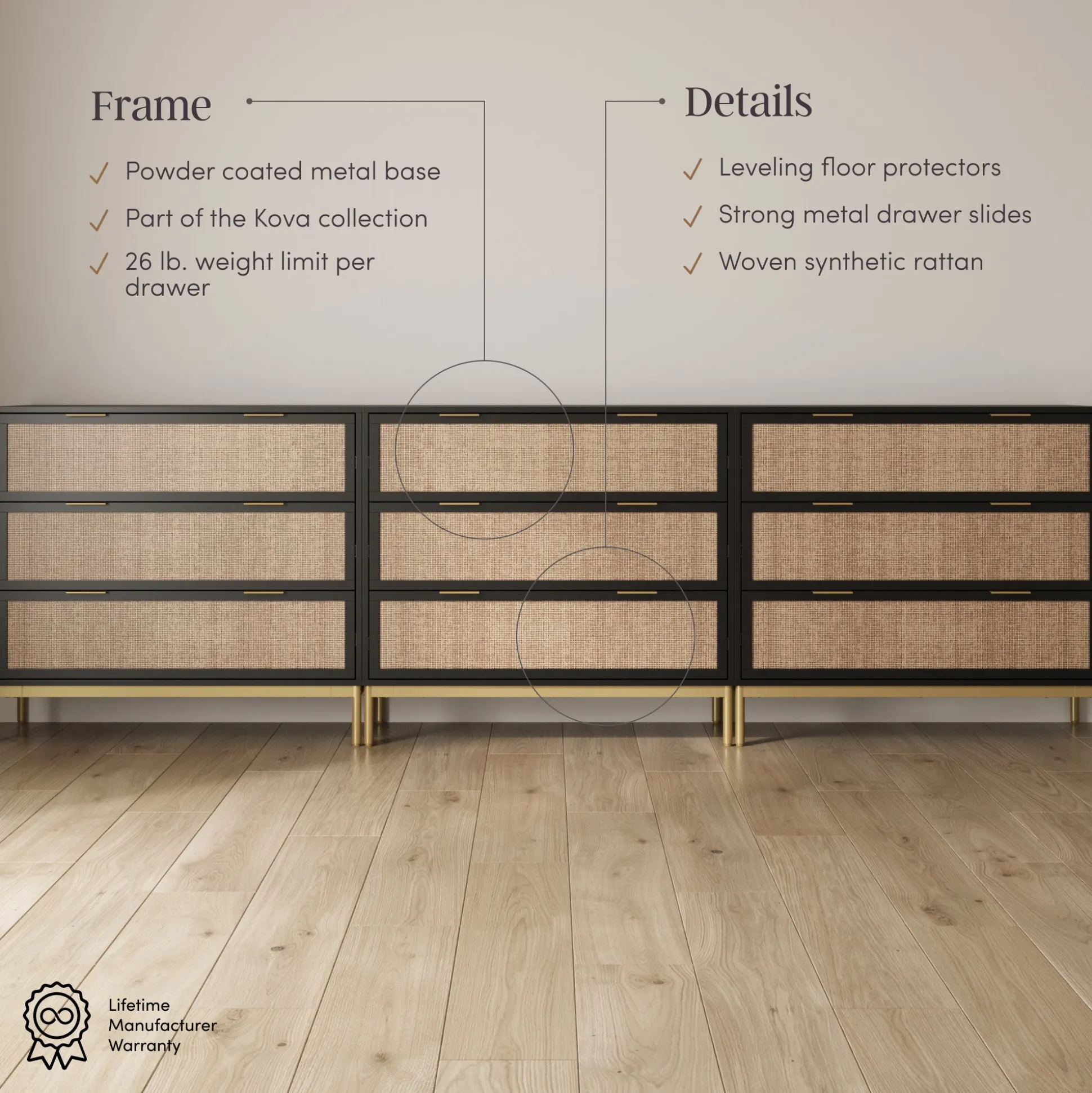 Rattan, Wood & Metal 3-Drawer Dressers Black (Set of 3)