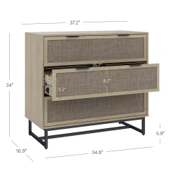 Rattan, Wood & Metal 3-Drawer Large Dresser Oak (Set of 3)
