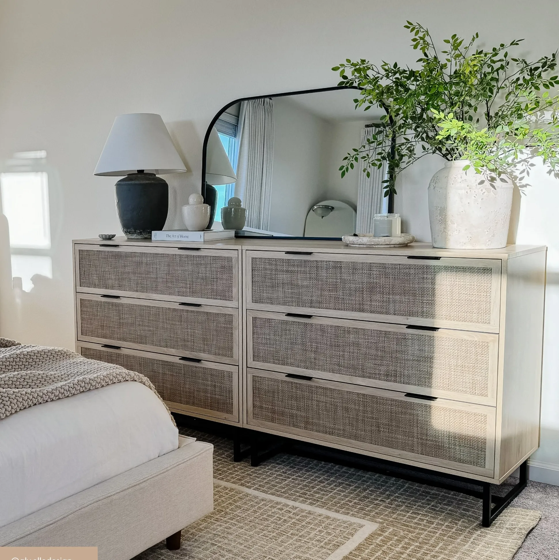 Rattan, Wood & Metal 3-Drawer Large Dresser Oak (Set of 3)