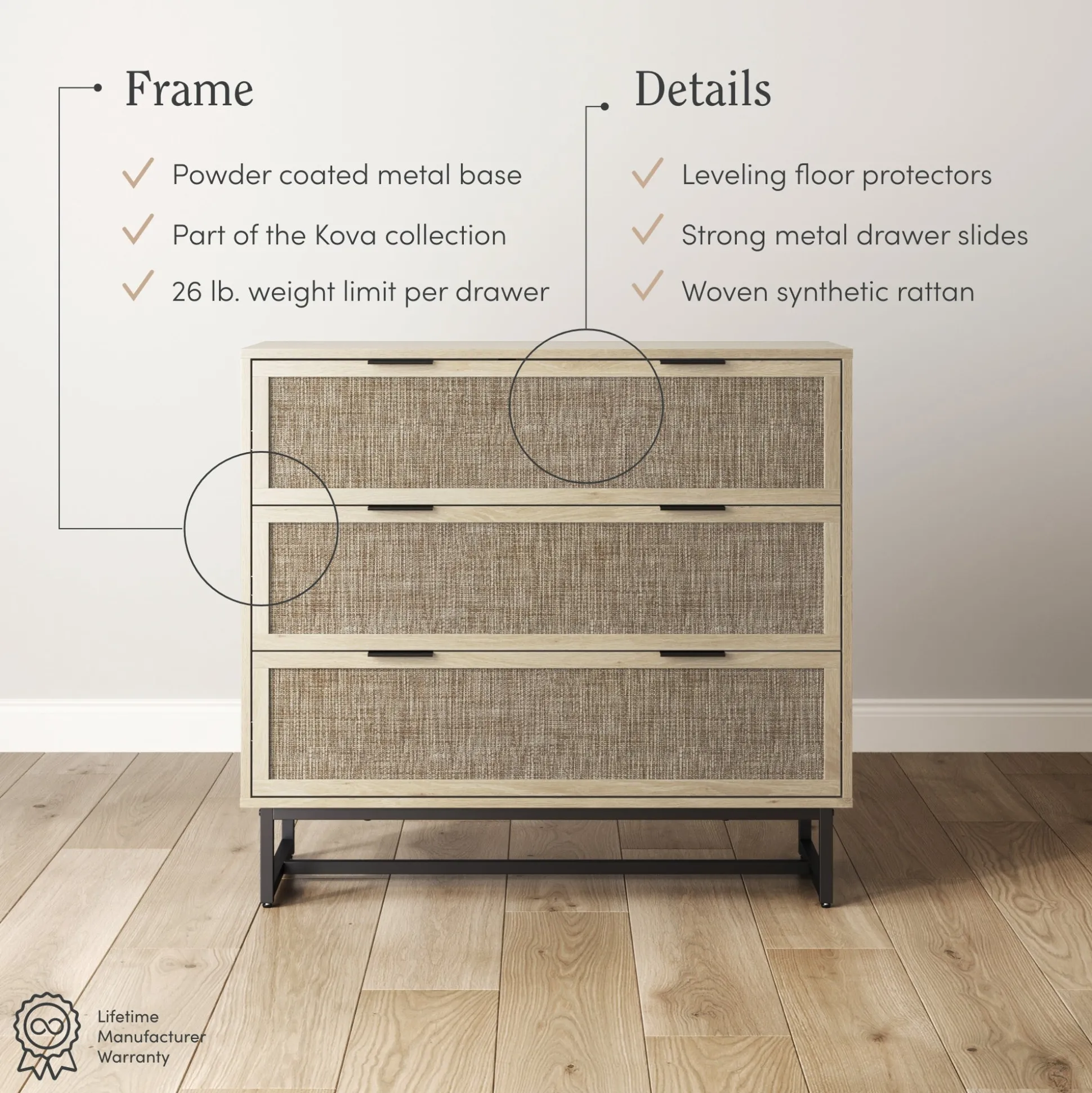 Rattan, Wood & Metal 3-Drawer Large Dresser Oak (Set of 3)