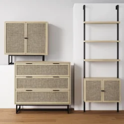 Rattan, Wood & Metal 3-Drawer Large Dresser Oak (Set of 3)