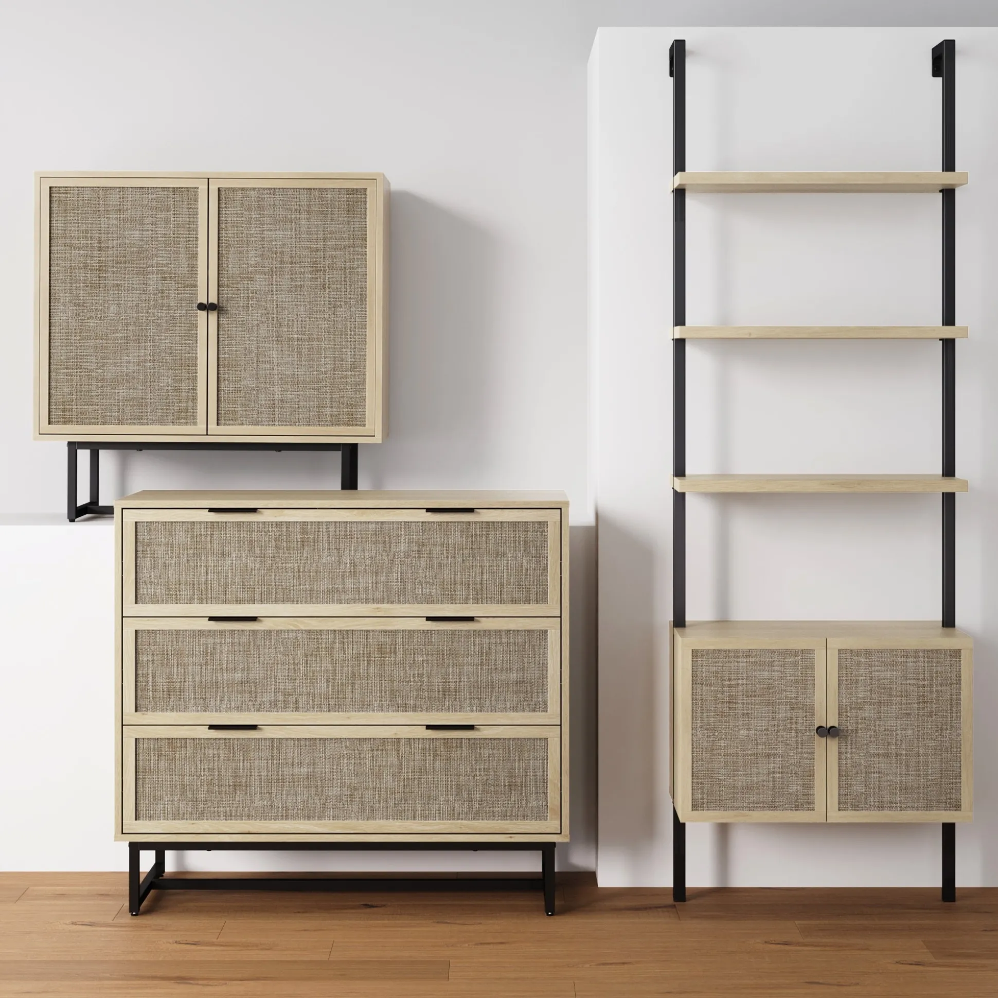 Rattan, Wood & Metal 3-Drawer Large Dresser Oak (Set of 3)