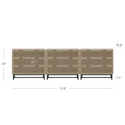 Rattan, Wood & Metal 3-Drawer Large Dresser Oak (Set of 3)