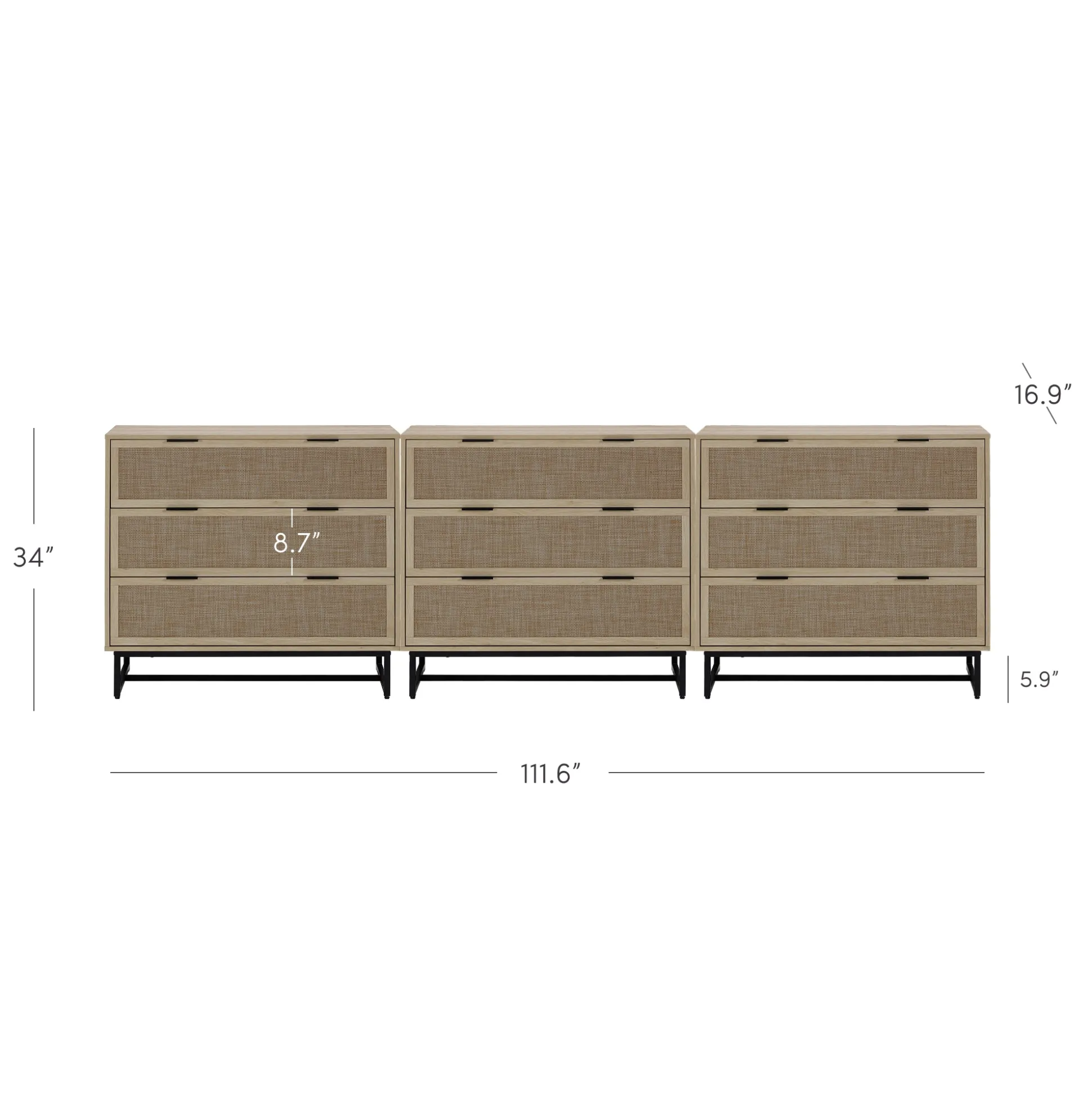 Rattan, Wood & Metal 3-Drawer Large Dresser Oak (Set of 3)