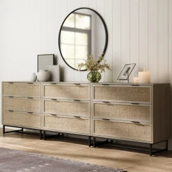 Rattan, Wood & Metal 3-Drawer Large Dresser Oak (Set of 3)