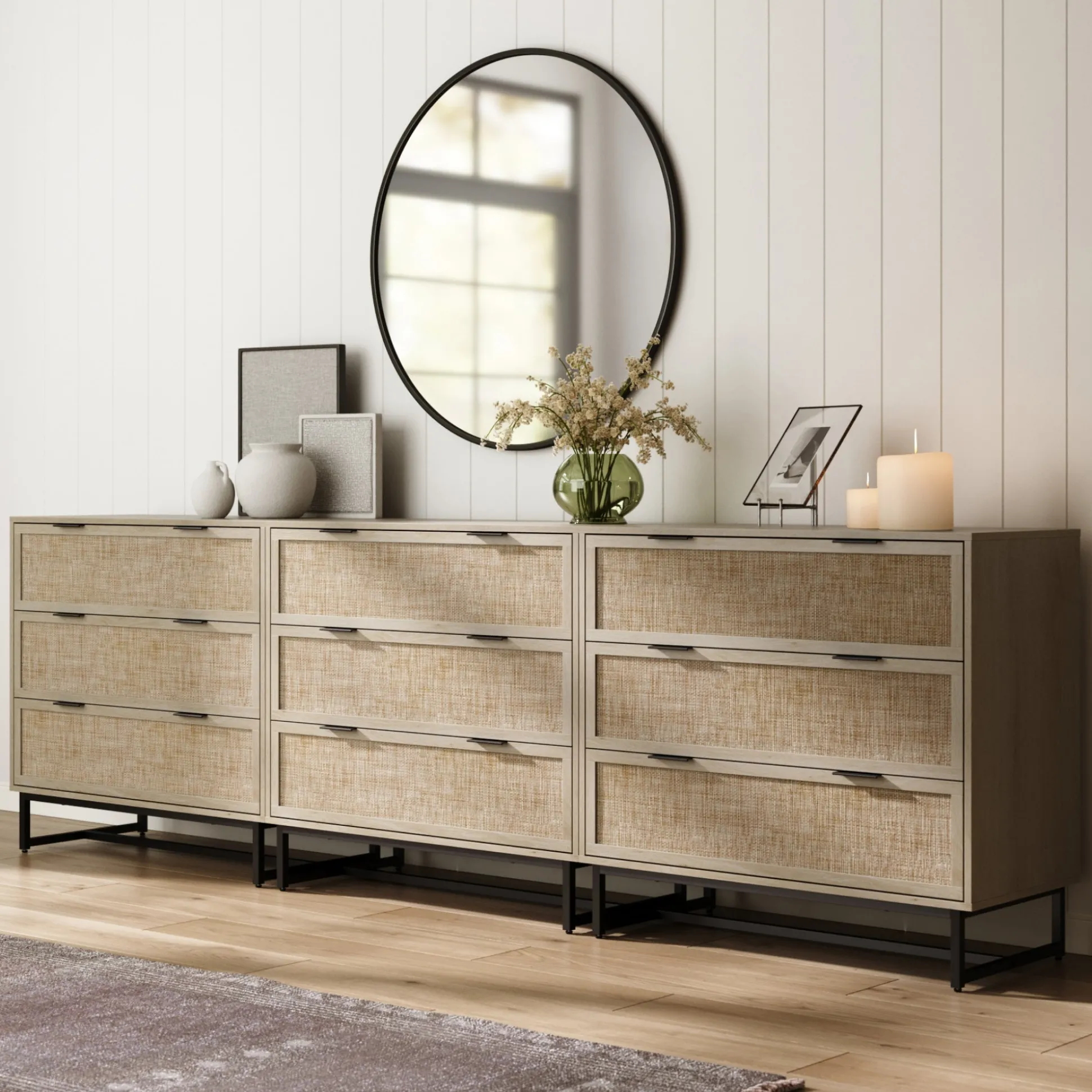 Rattan, Wood & Metal 3-Drawer Large Dresser Oak (Set of 3)