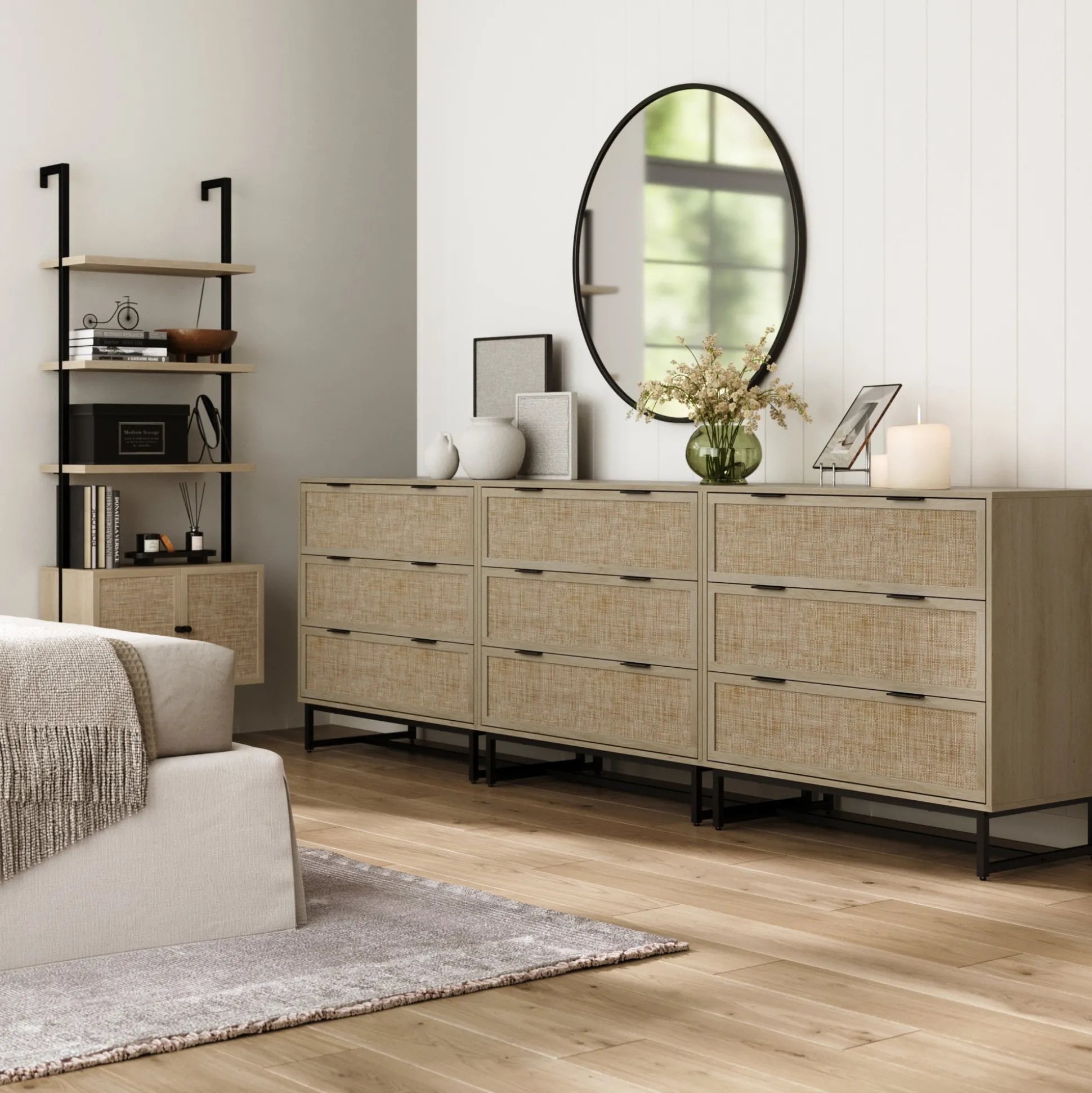 Rattan, Wood & Metal 3-Drawer Large Dresser Oak (Set of 3)